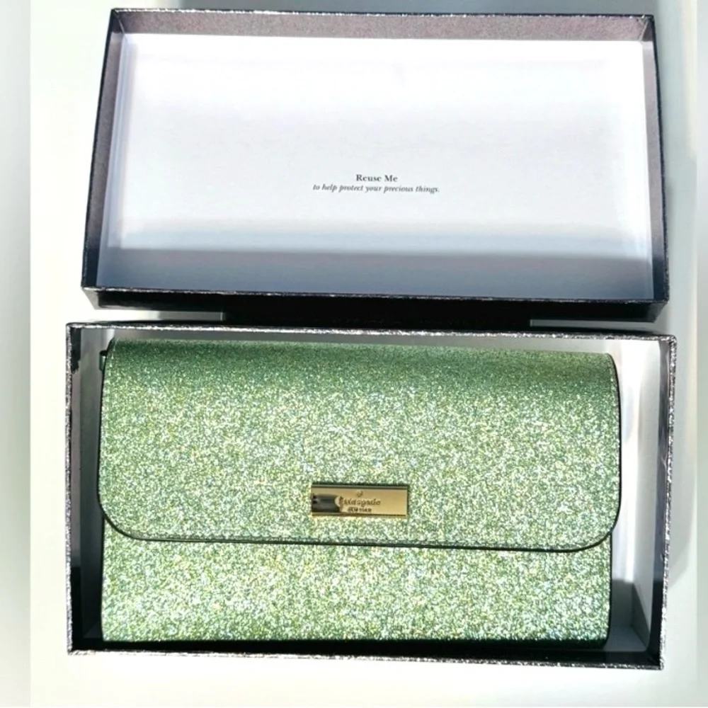 Kate Spade mint Glitter Kenzie medium flap Clutch with wristlet strap NEW IN BOX